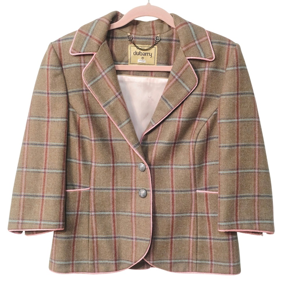 Dubarry of Ireland Wool Plaid Blazer size Small 3/4 Sleeve Tan Jacket